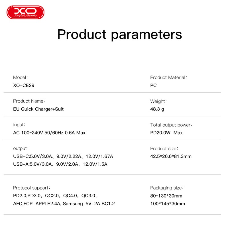 Incarcator priza XO CE29, 20W, 1 x USB-C, 1 x USB-A, Power Delivery, Alb