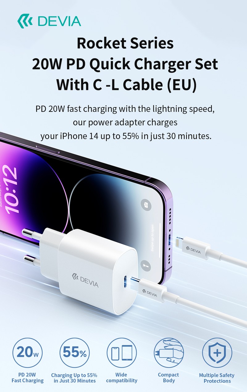 Set incarcator priza cu cablu Lightning Devia Rocket, 20W, 1 x USB-C, Power Delivery, Alb