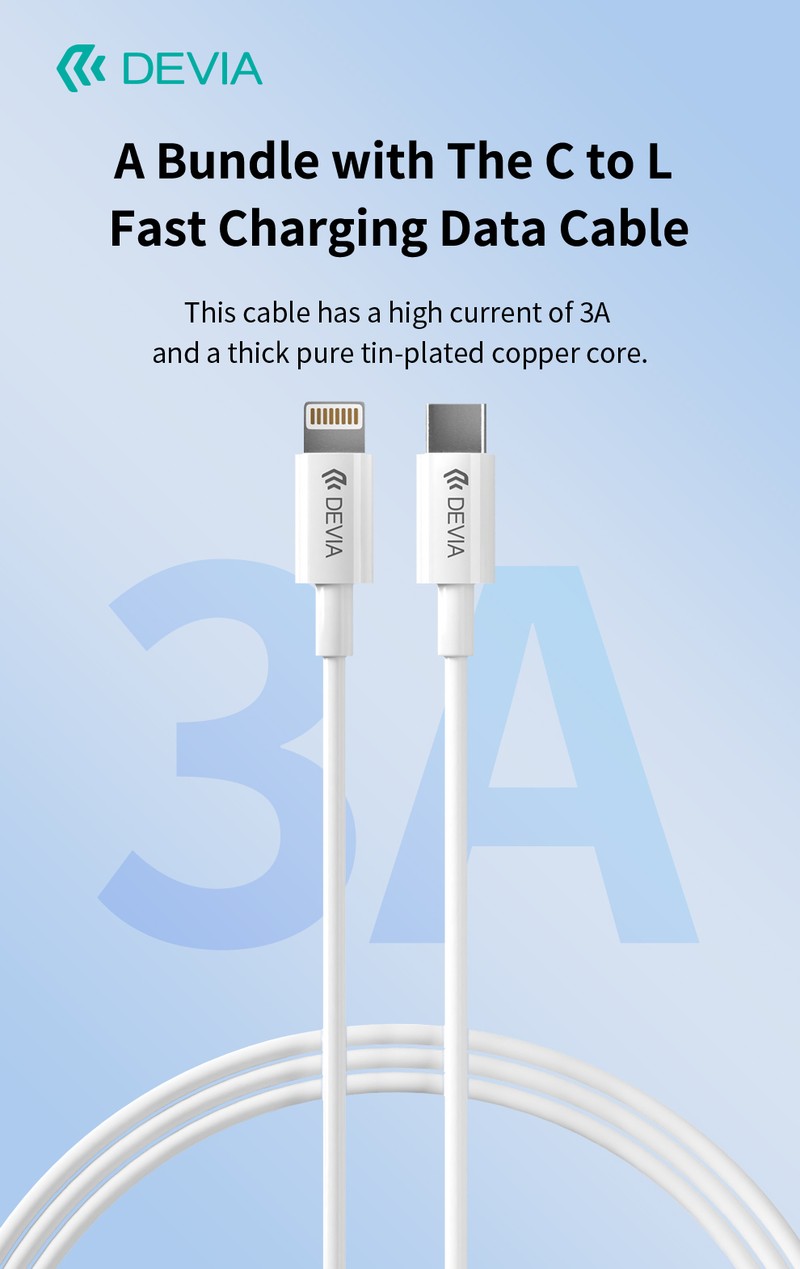 Set incarcator priza cu cablu Lightning Devia Rocket, 20W, 1 x USB-C, Power Delivery, Alb