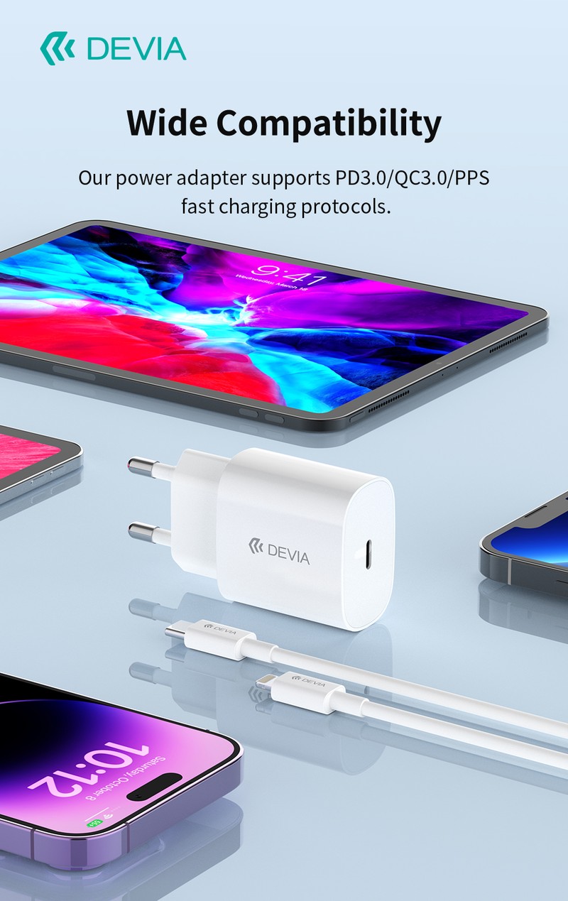 Set incarcator priza cu cablu Lightning Devia Rocket, 20W, 1 x USB-C, Power Delivery, Alb