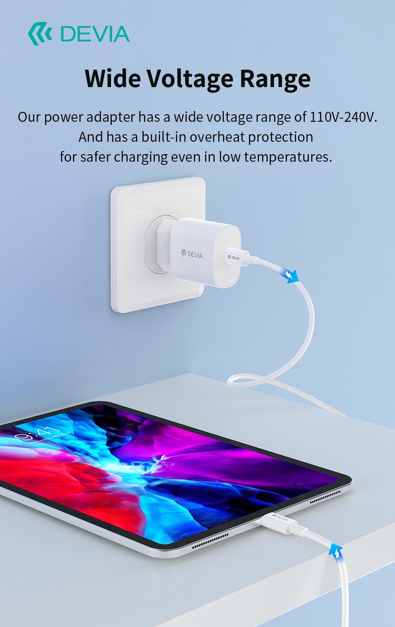 Set incarcator priza cu cablu Lightning Devia Rocket, 20W, 1 x USB-C, Power Delivery, Alb