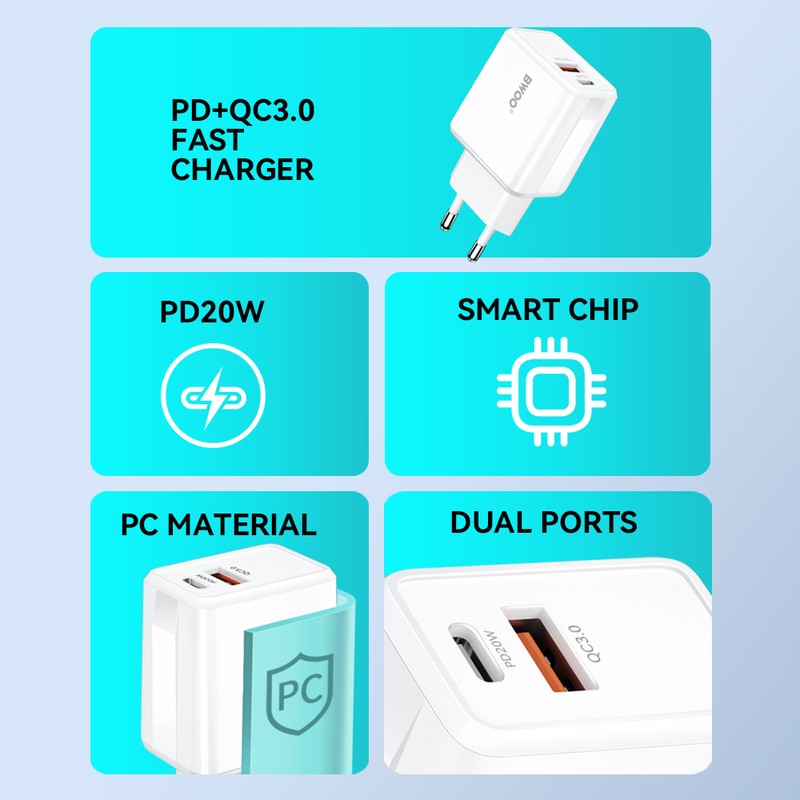 Incarcator priza BWOO CDA182, 38W, 1 x USB-A, 1 x USB-C, Quick Charge, Alb