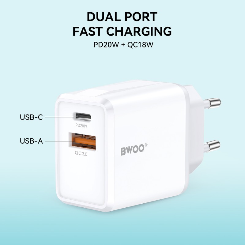 Incarcator priza BWOO CDA182, 38W, 1 x USB-A, 1 x USB-C, Quick Charge, Alb