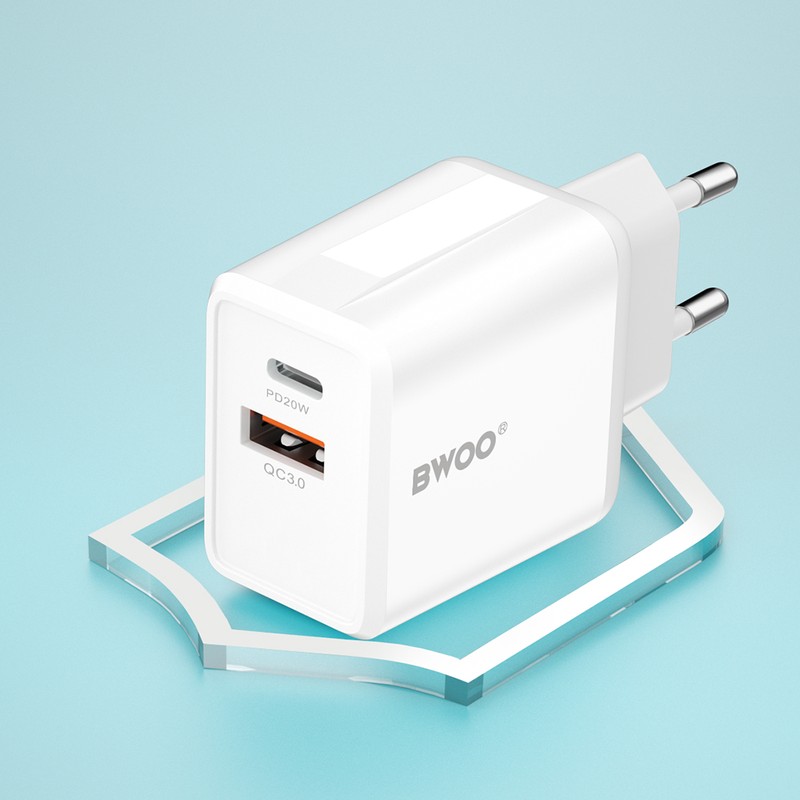 Incarcator priza BWOO CDA182, 38W, 1 x USB-A, 1 x USB-C, Quick Charge, Alb