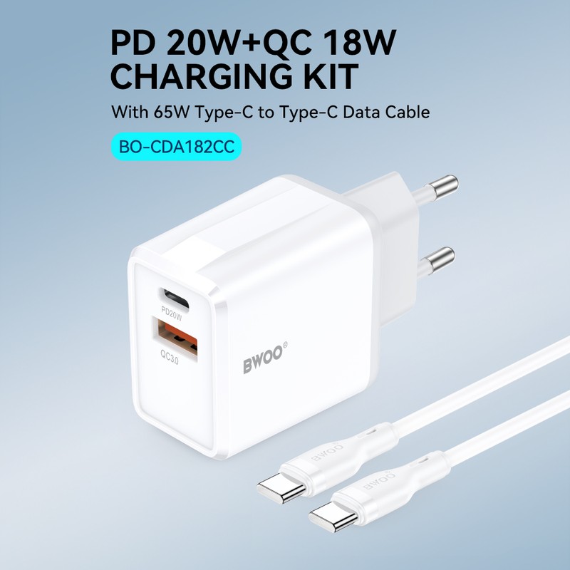 Set incarcator priza cu cablu USB-C BWOO CDA182, 38W, 1 x USB-A, 1 x USB-C, Quick Charge, cablu 1 m, Negru