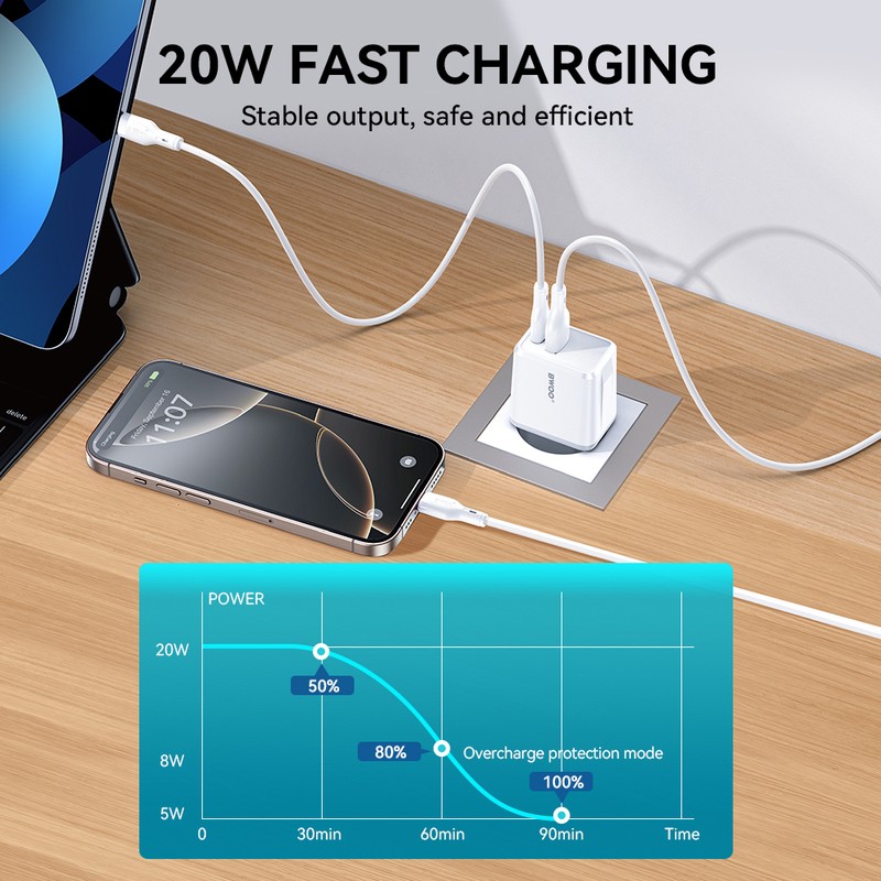 Set incarcator priza cu cablu USB-C BWOO CDA182, 38W, 1 x USB-A, 1 x USB-C, Quick Charge, cablu 1 m, Negru