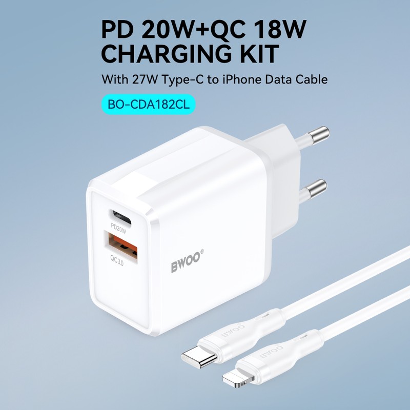 Set incarcator priza cu cablu Lightning BWOO CDA182, 38W, 1 x USB-A, 1 x USB-C, Quick Charge, cablu 1 m, Negru