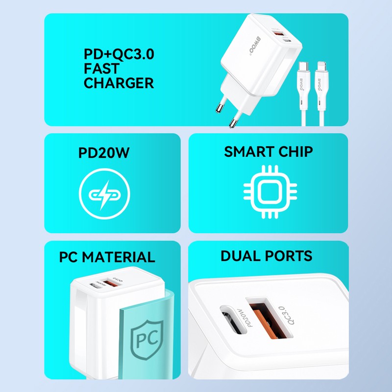Set incarcator priza cu cablu Lightning BWOO CDA182, 38W, 1 x USB-A, 1 x USB-C, Quick Charge, cablu 1 m, Negru