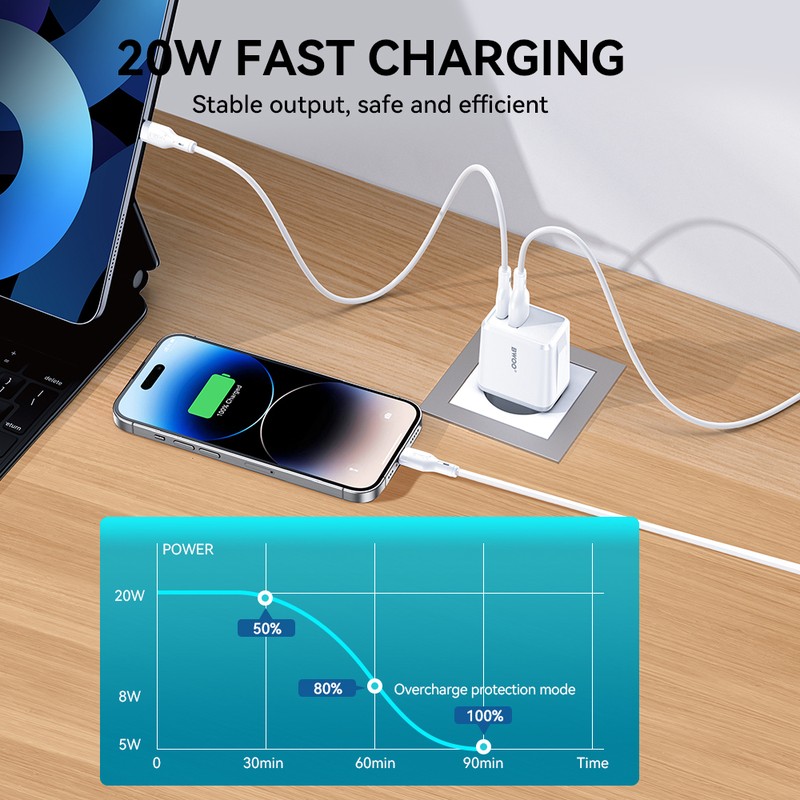 Set incarcator priza cu cablu Lightning BWOO CDA182, 38W, 1 x USB-A, 1 x USB-C, Quick Charge, cablu 1 m, Negru