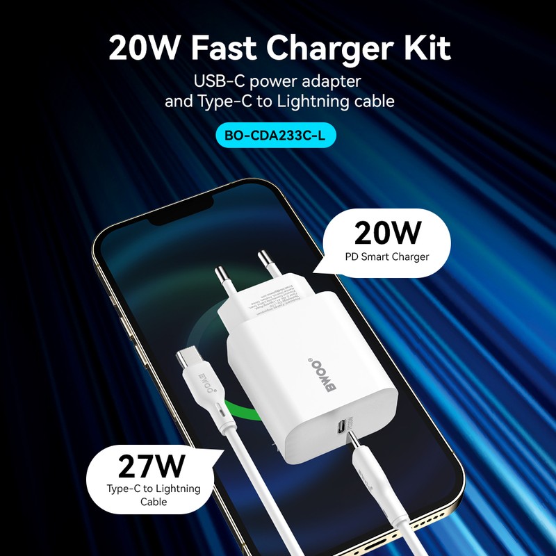 Set incarcator priza cu cablu Lightning BWOO CDA233, 20W, 1 x USB-C, Power Delivery, Alb