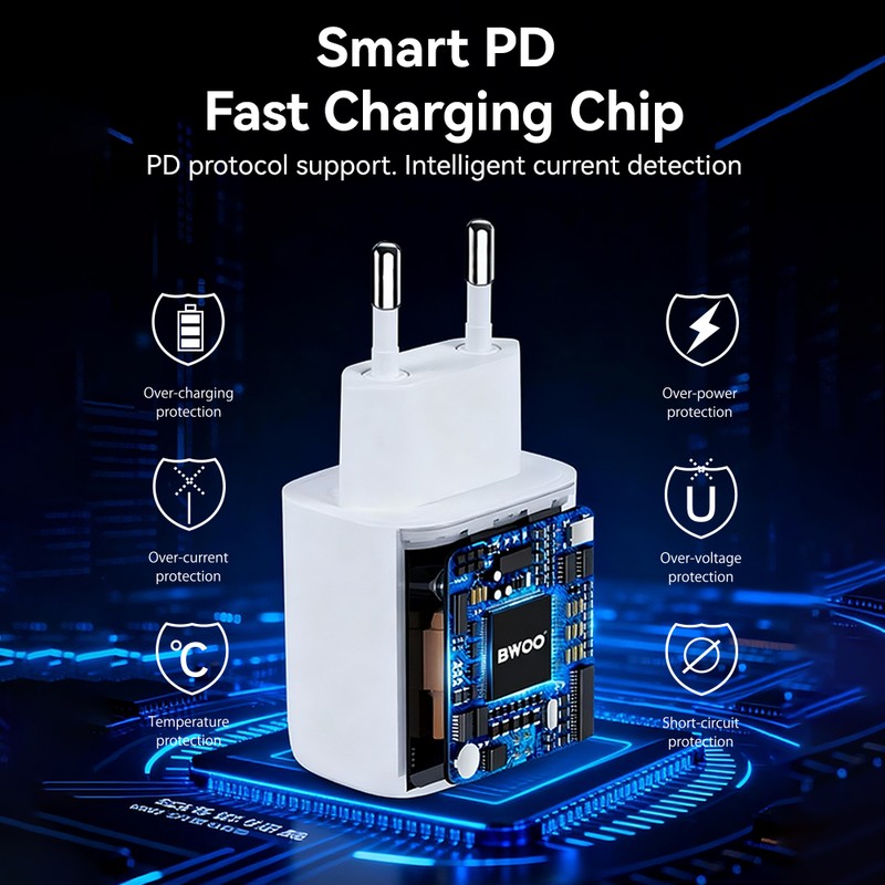 Set incarcator priza cu cablu Lightning BWOO CDA233, 20W, 1 x USB-C, Power Delivery, Alb