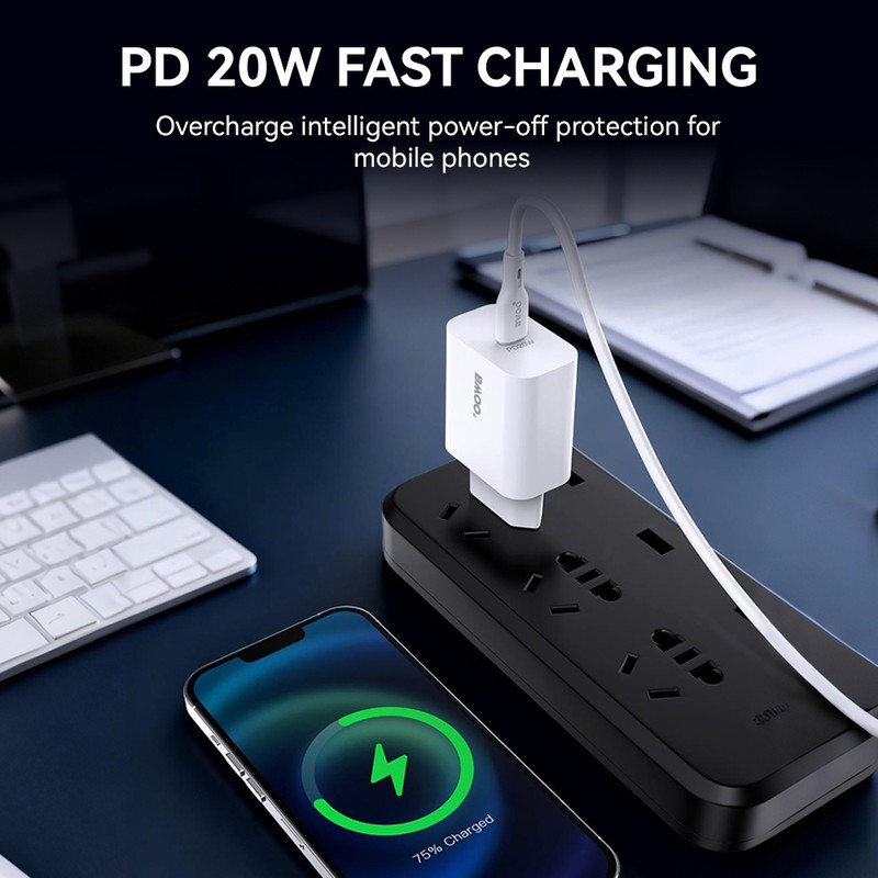 Set incarcator priza cu cablu Lightning BWOO CDA233, 20W, 1 x USB-C, Power Delivery, Alb