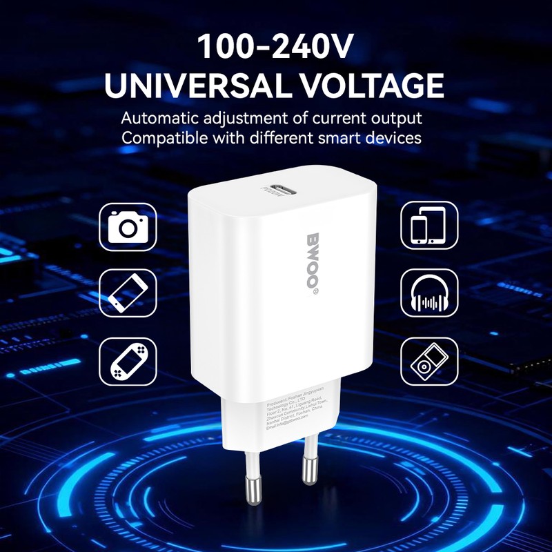Set incarcator priza cu cablu Lightning BWOO CDA233, 20W, 1 x USB-C, Power Delivery, Alb