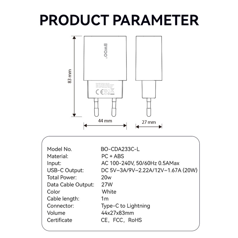 Set incarcator priza cu cablu Lightning BWOO CDA233, 20W, 1 x USB-C, Power Delivery, Alb