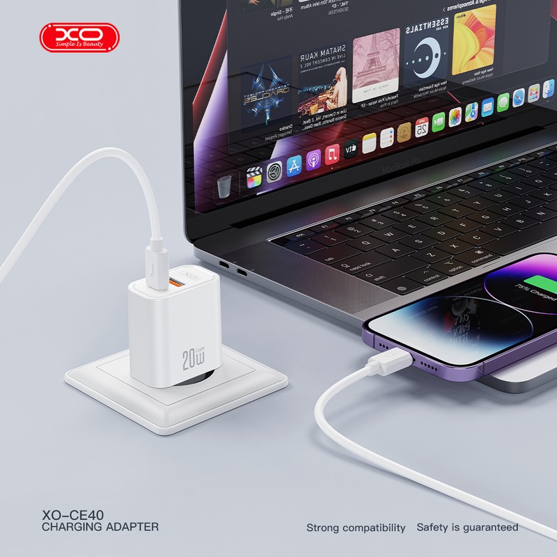 Set incarcator priza cu cablu USB-C XO CE40, 20W, 1 x USB-C, 1 x USB-A, Power Delivery, Alb