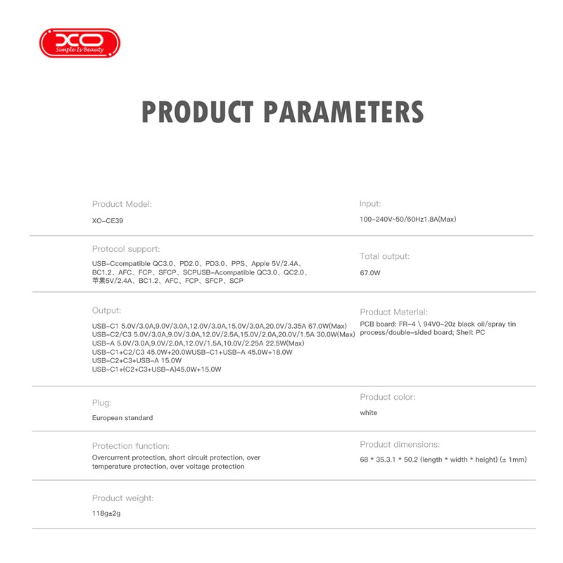 Incarcator priza XO CE39, 67W, 3 x USB-C, 1 x USB-A, Power Delivery, Alb