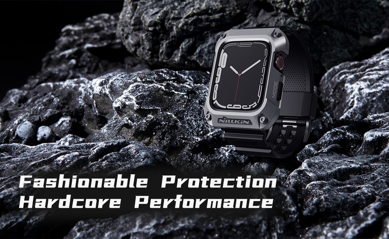 Curea smartwatch cu carcasa de protectie pentru Apple Watch 44 mm, TPU si metal, negru, DynaGuard