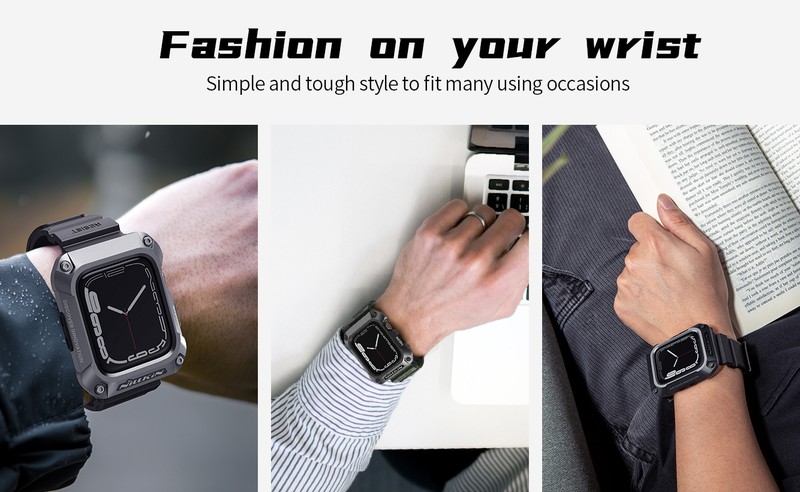 Curea smartwatch cu carcasa de protectie pentru Apple Watch 44 mm, TPU si metal, negru, DynaGuard