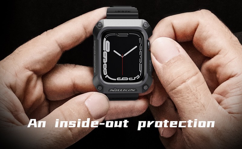 Curea smartwatch cu carcasa de protectie pentru Apple Watch 44 mm, TPU si metal, negru, DynaGuard