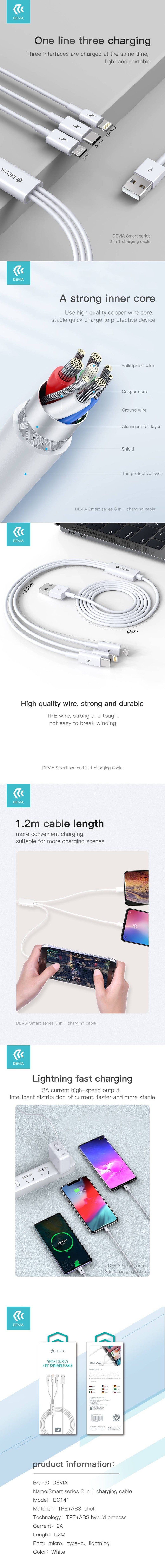 Cablu de date Devia Smart EC141, 3 in 1, USB-A - Lightning / USB-C / Micro USB, 1,2 m, 2A, alb