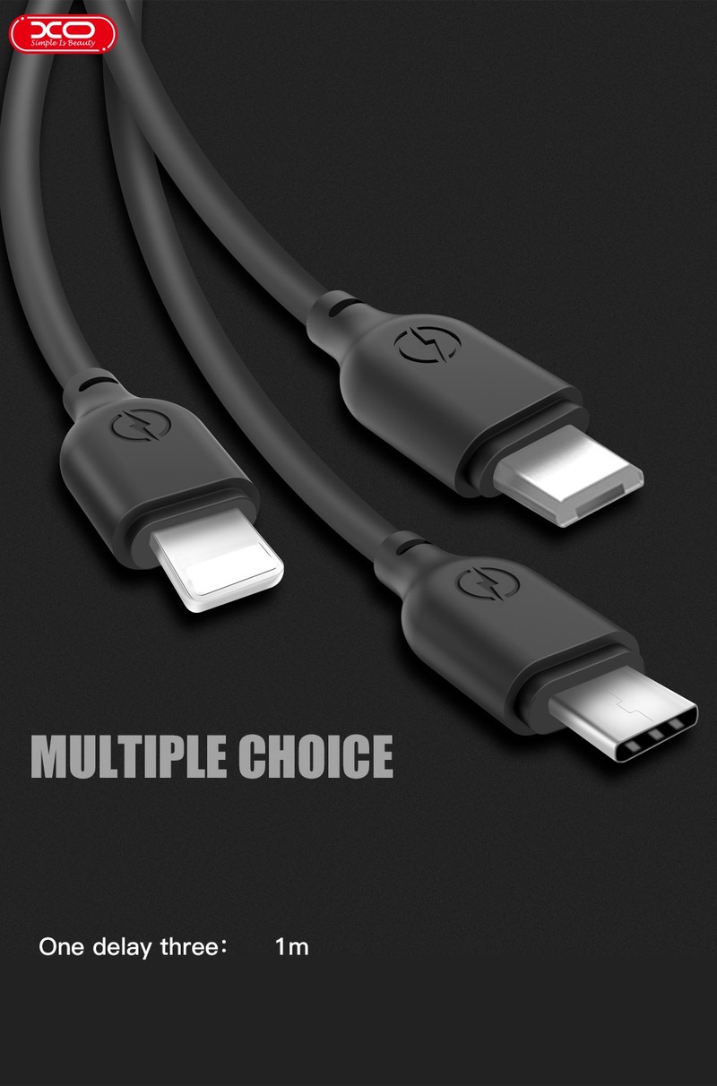 Cablu de date XO NB103, 3 in 1, USB-A - Lightning / USB-C / Micro USB, 1 m, 2,1A, alb