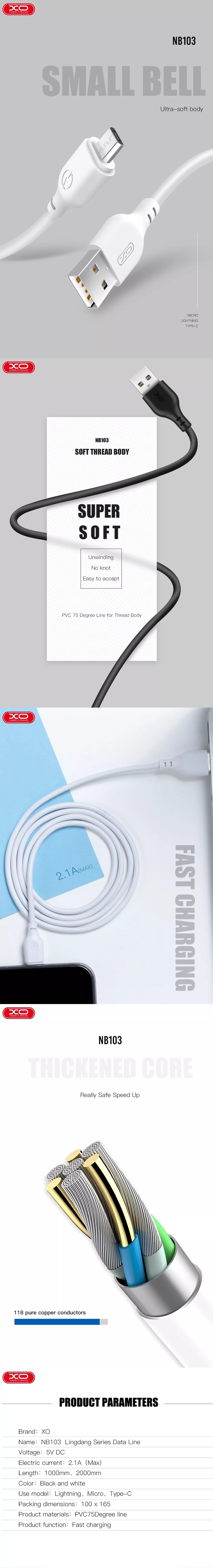 Cablu de date XO NB103, USB-A - Micro USB, 1 m, 2,1A, alb