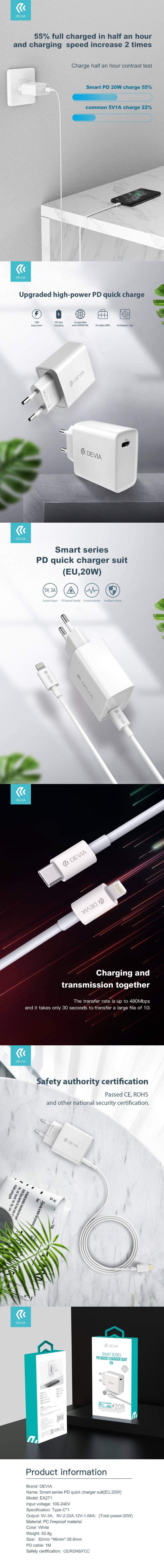 Cablu de date Devia Smart EC146, USB-C - Lightning, 1 m, 20W 3A, alb