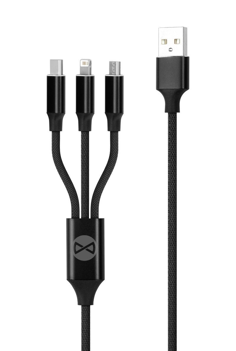 Cablu de date Forever, 3 in 1, USB-A - Lightning / USB-C / Micro USB, 1,2 m, 2A, negru