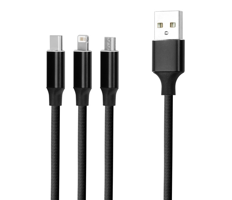 Cablu de date Forever, 3 in 1, USB-A - Lightning / USB-C / Micro USB, 1,2 m, 2A, negru