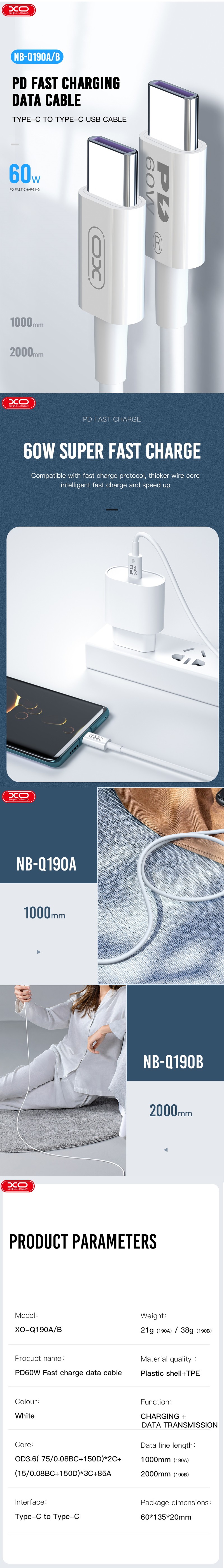 Cablu de date XO NB-Q190B, USB-C - USB-C, 2 m, 60W, alb