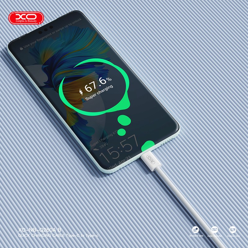 Cablu de date XO NB-Q260B, USB-C - USB-C, 1,5 m, 60W, alb