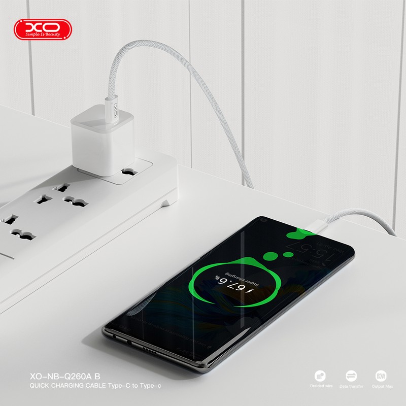 Cablu de date XO NB-Q260B, USB-C - USB-C, 1,5 m, 60W, alb