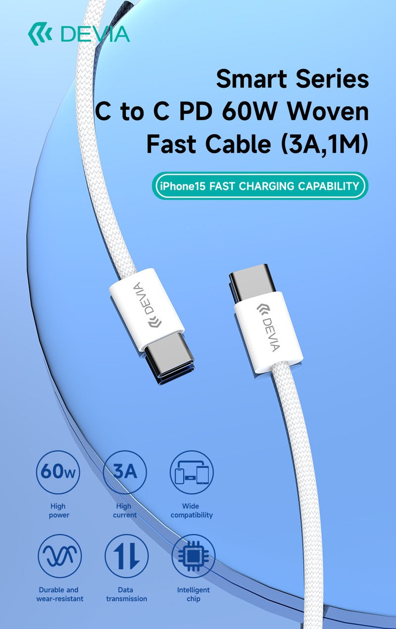 Cablu de date Devia Smart EC325, USB-C - USB-C, 1 m, 60W 3A, albastru