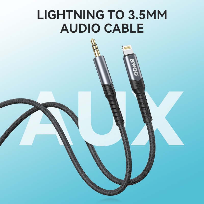 Cablu de date BWOO AUX BO-AUX068, Jack 3.5 mm - Lightning, 1,2 m, negru