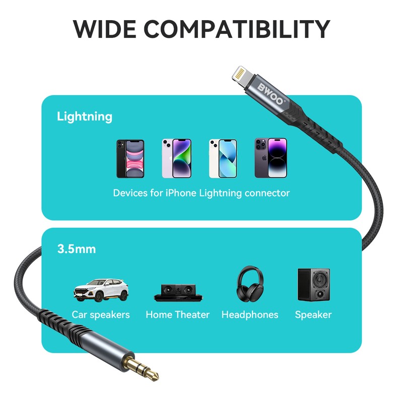 Cablu de date BWOO AUX BO-AUX068, Jack 3.5 mm - Lightning, 1,2 m, negru