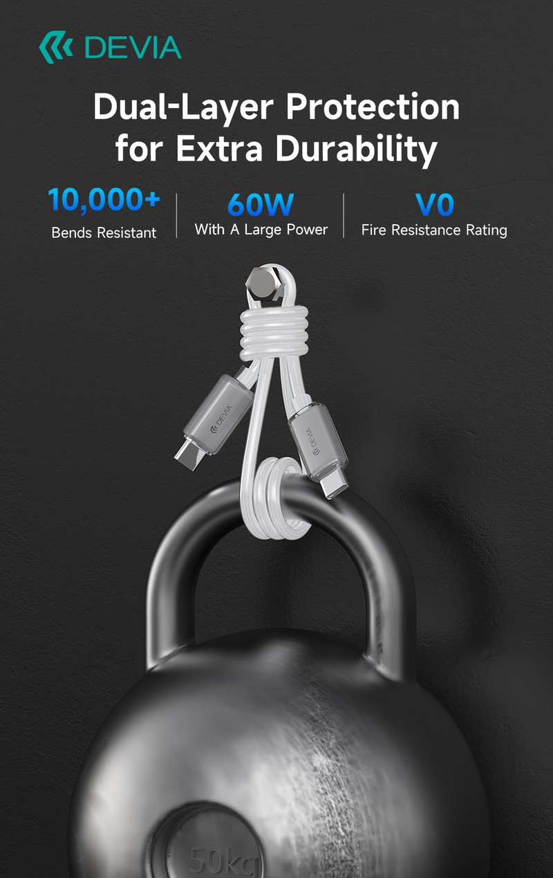 Cablu de date Devia Extreme EC688, USB-C - USB-C, 1,5 m, 60W 3A, alb