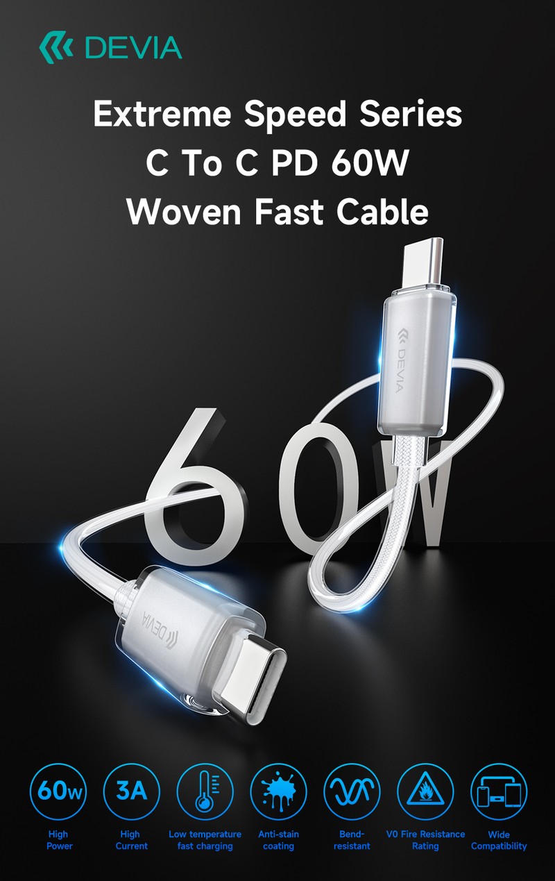 Cablu de date Devia Extreme EC688, USB-C - USB-C, 1,5 m, 60W 3A, alb
