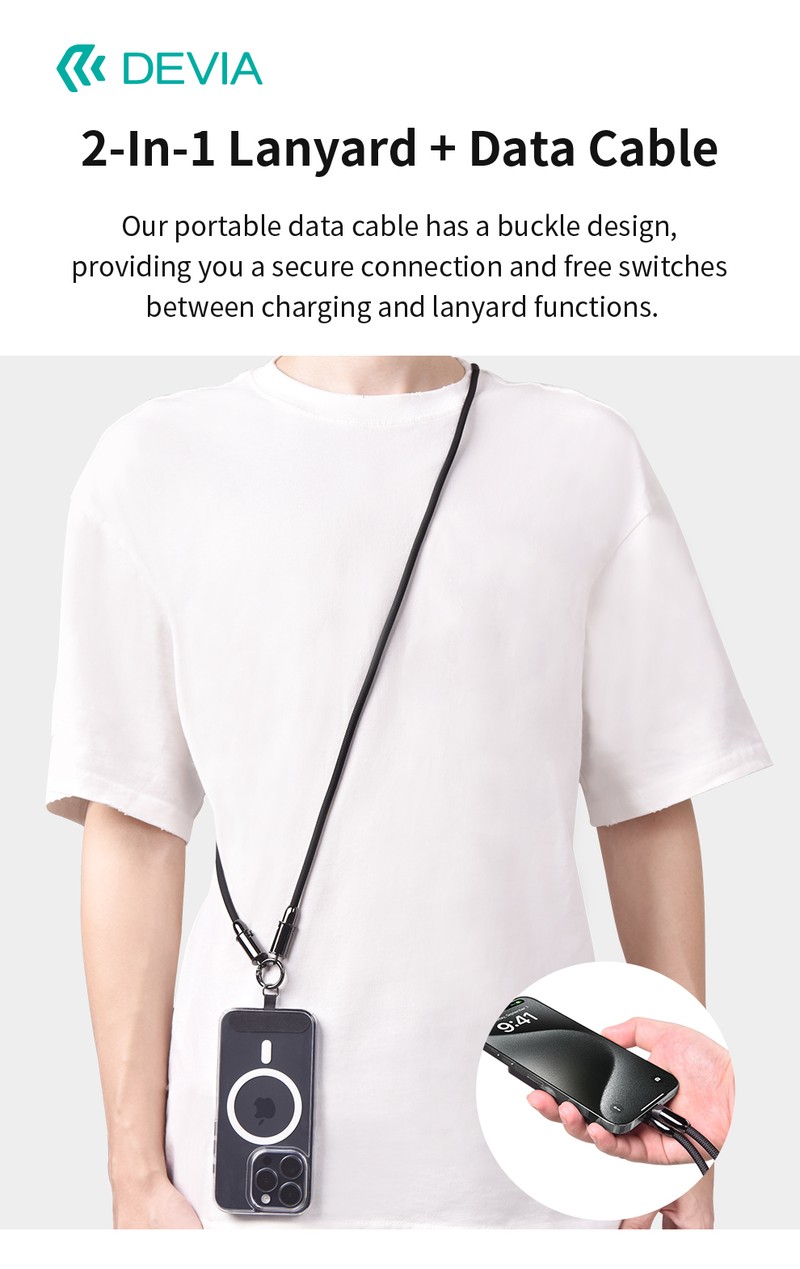 Cablu de date Devia lanyard, 2 in 1, USB-C - Lightning, 1,2 m, 27W, mov