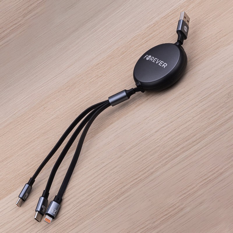 Cablu de date Forever, 3 in 1, USB-A - Lightning / USB-C, 1,2 m, 100W, negru