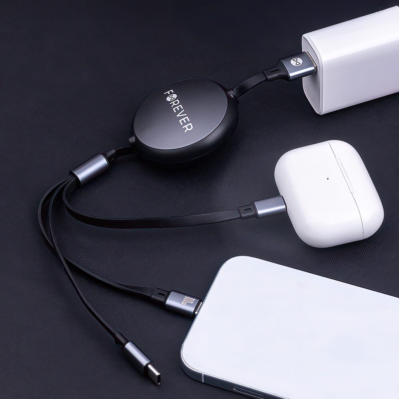 Cablu de date Forever, 3 in 1, USB-A - Lightning / USB-C, 1,2 m, 100W, negru