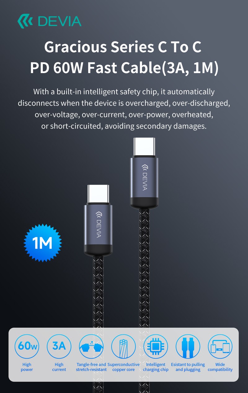 Cablu de date Devia Gracious EC645, USB-C - Lightning, 1 m, 27W 3A, negru