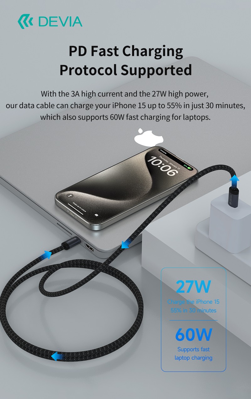 Cablu de date Devia Gracious EC645, USB-C - Lightning, 1 m, 27W 3A, negru