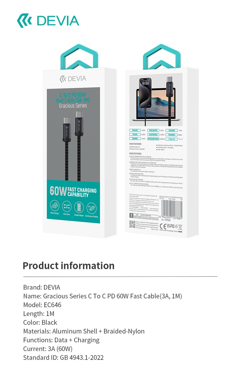 Cablu de date Devia Gracious EC645, USB-C - Lightning, 1 m, 27W 3A, negru