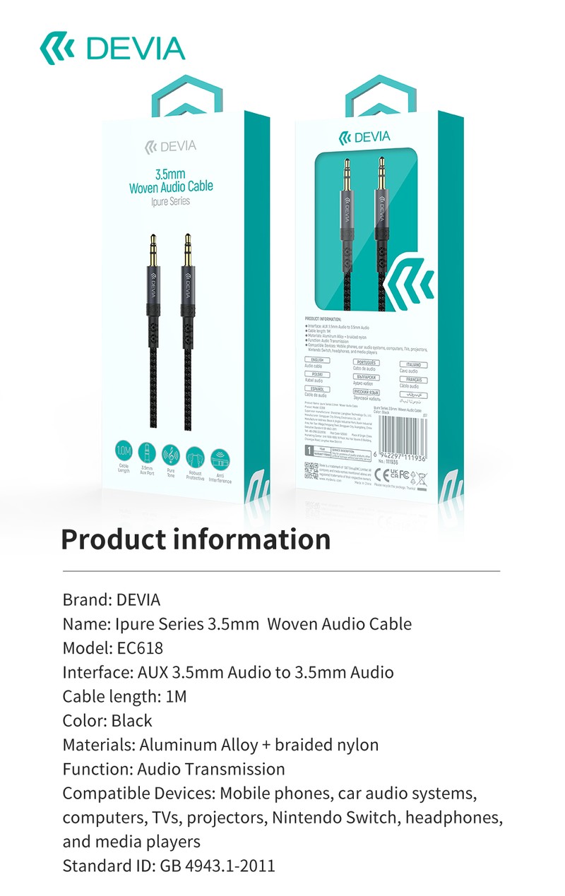 Cablu de date Devia Ipure EC619, Jack 3.5 mm - Lightning, 1 m, negru
