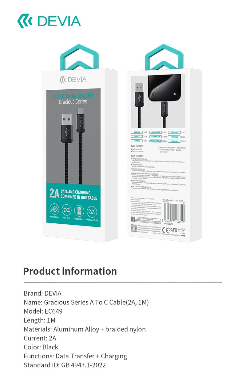 Cablu de date Devia Gracious EC649, USB-A - USB-C, 1 m, 2A, negru