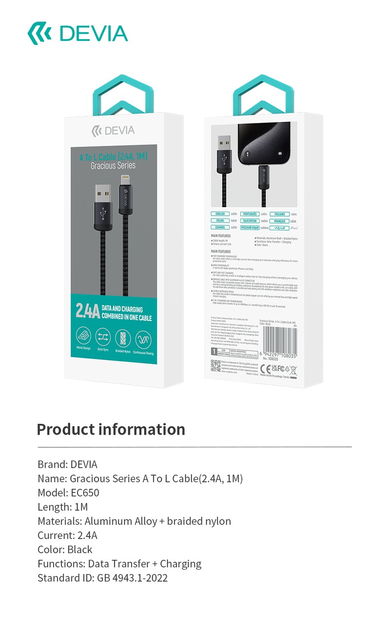 Cablu de date Devia Gracious EC650, USB-A - USB-C, 1 m, 2,4A, negru