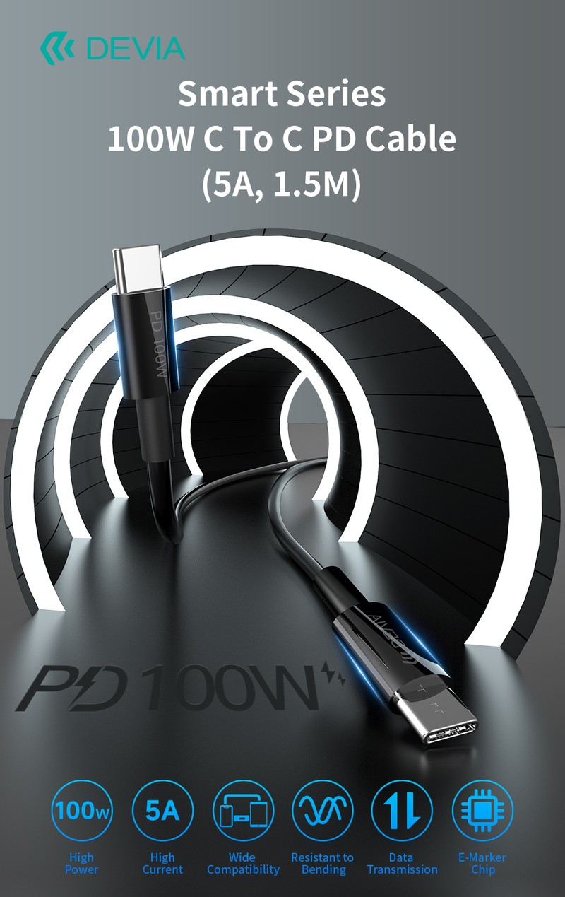 Cablu de date Devia Smart EC317, USB-C - USB-C, 1,5 m, 100W 5A, negru