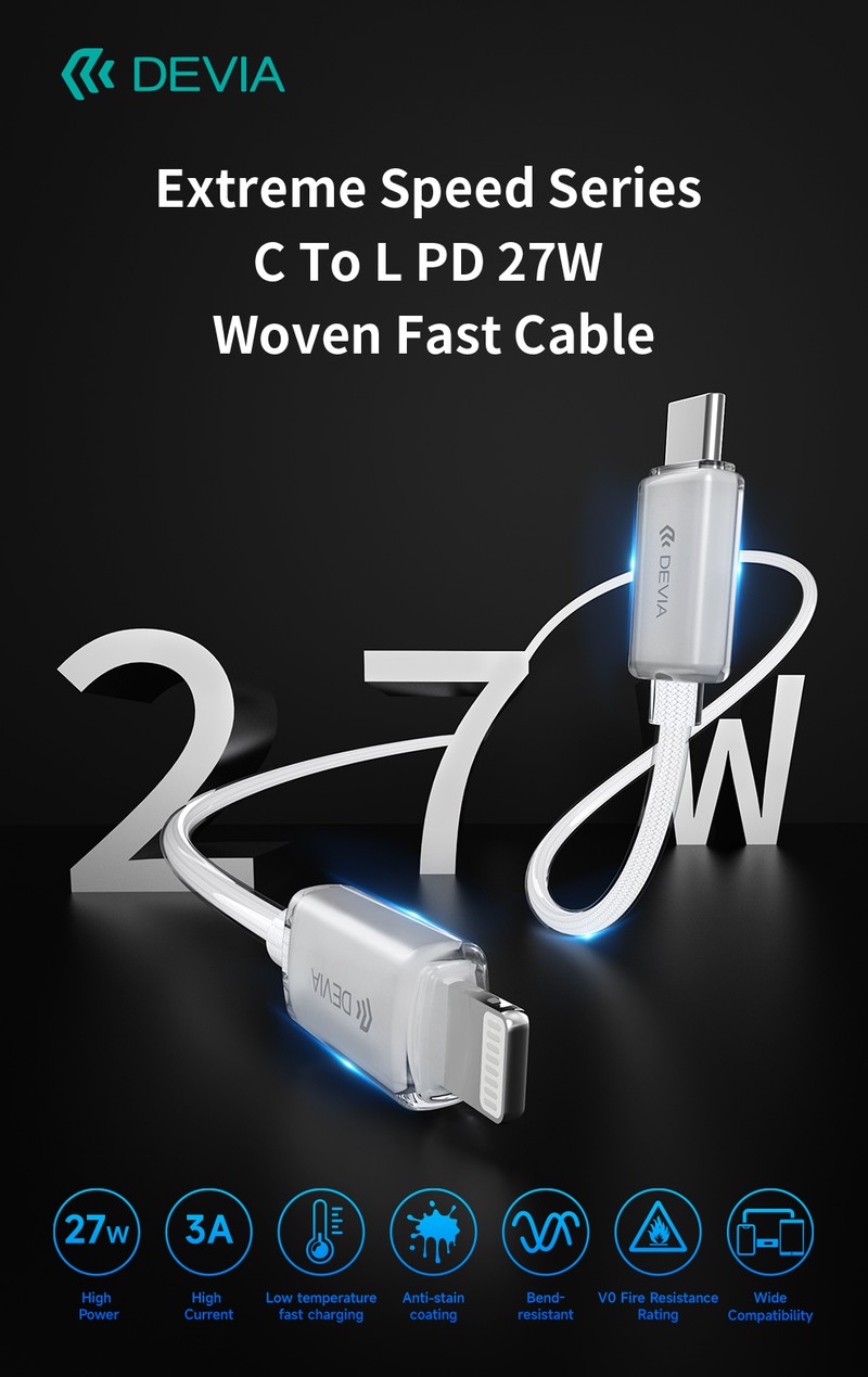 Cablu de date Devia Extreme EC654, USB-C - Lightning, 1,5 m, 27W 3A, alb