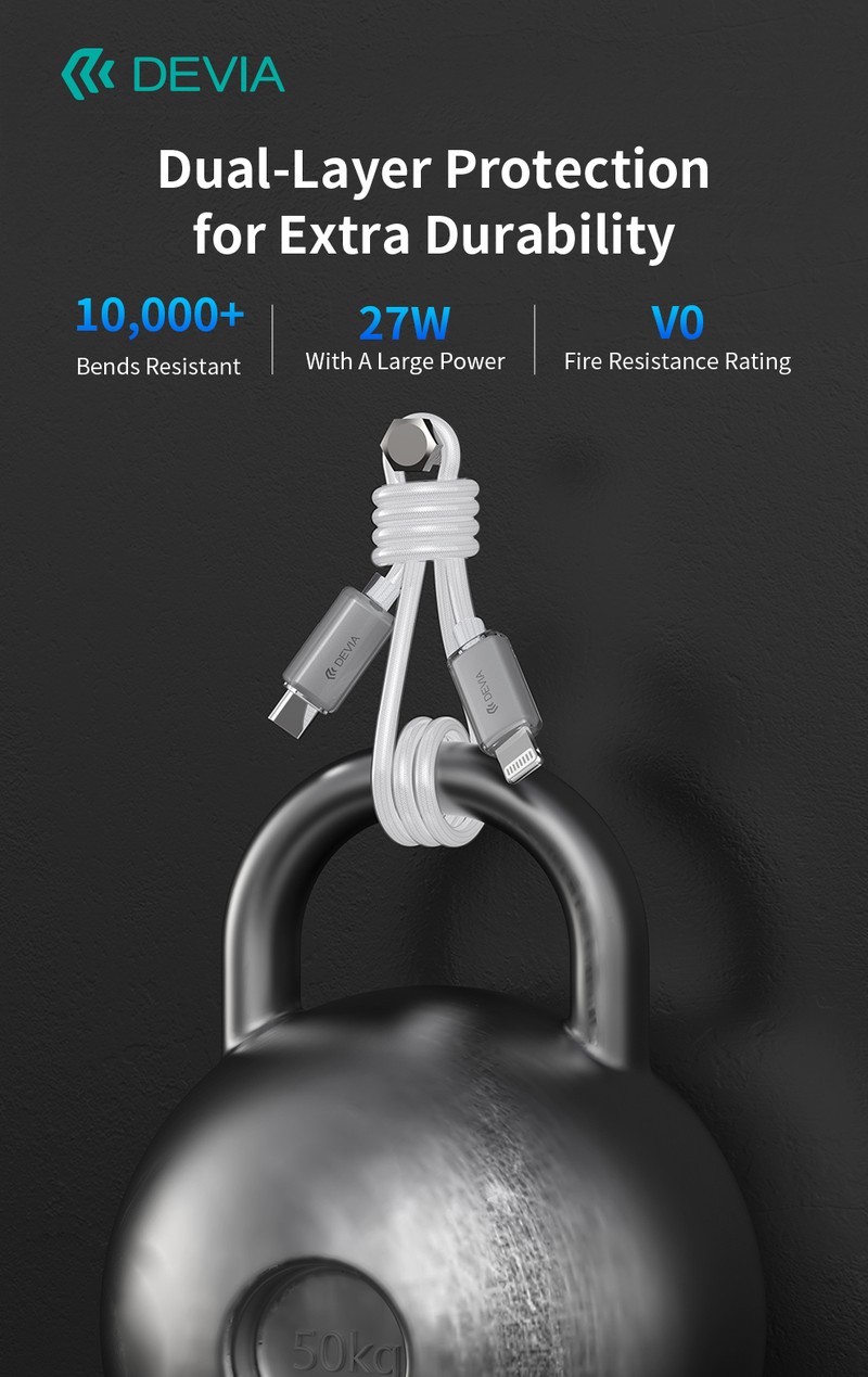 Cablu de date Devia Extreme EC654, USB-C - Lightning, 1,5 m, 27W 3A, alb