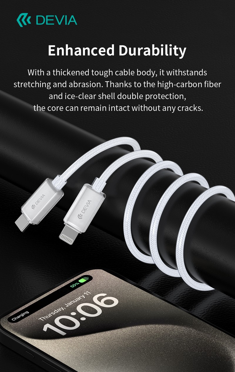 Cablu de date Devia Extreme EC654, USB-C - Lightning, 1,5 m, 27W 3A, alb